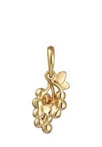 Pendentif en forme de grappe de raisins en or, mettant en avant un design détaillé de raisins et de feuilles, avec une finition lisse et polie et une boucle pour attacher.