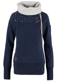 Felpa marina con collo a sacco grigio, area del petto con motivo, maniche lunghe e distintivo laterale, realizzata in un materiale morbido con un design elegante.