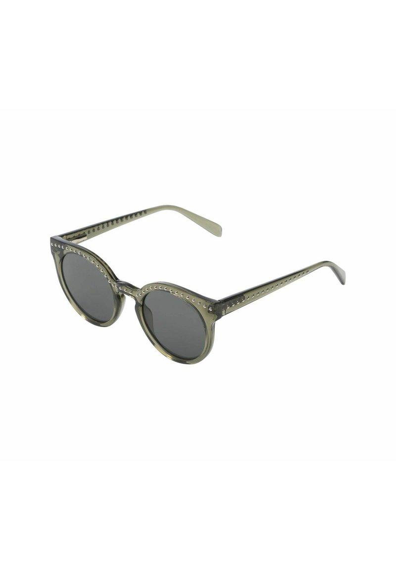 Occhiali da sole rotondi, verde oliva, con lenti scure, decorati con piccoli chiodini metallici lungo la montatura e le aste.