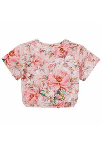 Kwiatowy top w stylu crop w lekkim, miękkim materiale. Posiada różową bazę z dużymi wzorami kwiatów w brzoskwiniowym i turkusowym kolorze oraz elastyczny dół.