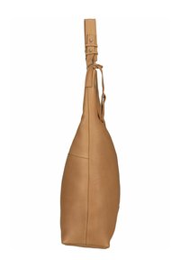 Borsa a spalla in pelle color marrone chiaro, con una sola tracolla regolabile, texture liscia e una forma leggermente curva con chiusura a zip.
