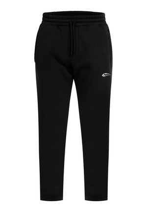 Pantaloni della tuta neri realizzati in un tessuto morbido, con una cintura elasticizzata e un cordoncino, e un accento di logo bianco sulla coscia sinistra.