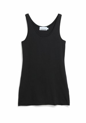 Zwart tanktop met een ronde hals en brede bandjes, gemaakt van zachte katoenen stof, met een eenvoudig ontwerp zonder versieringen.