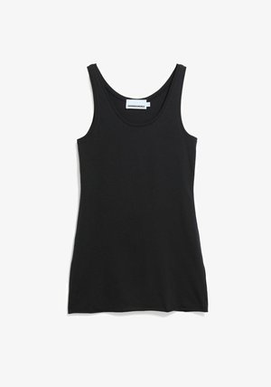 Zwart tanktop met een ronde hals en brede bandjes, gemaakt van zachte katoenen stof, met een eenvoudig ontwerp zonder versieringen.