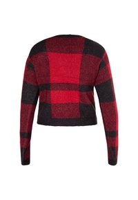 Red and black plaid cropped sweater with long sleeves, knit texture, round neckline, and ribbed cuffs and hem.
