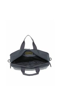 Sac gris foncé avec un extérieur texturé, double poignée et une ouverture zippée dévoilant un intérieur spacieux, étiqueté avec une marque.