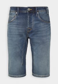 Bermudas de mezclilla en azul medio con costuras amarillas, cinco bolsillos, cierre de cremallera en la parte delantera y botón. Con dobladillo a la altura de la rodilla.