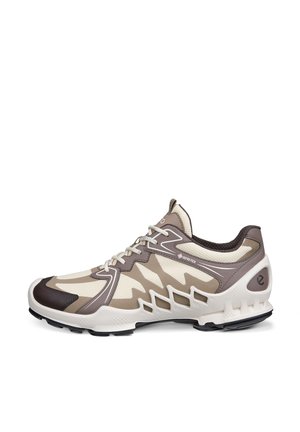 Jasnobeżowy i brązowy but sportowy z materiałem Gore-Tex, sznurowany, z teksturowaną podeszwą i geometrycznymi wycięciami po boku.
