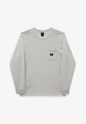 T-shirt a maniche lunghe di colore grigio chiaro, realizzato in tessuto testurizzato. Presenta un collo rotondo e una tasca sul davanti con un piccolo etichetta del logo.