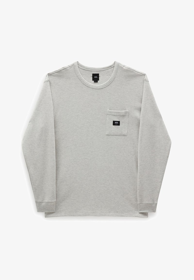 Langärmliges, hellgraues T-Shirt aus strukturiertem Stoff. Mit Rundhalsausschnitt und einer Brusttasche mit einem kleinen Logo-Etikett.