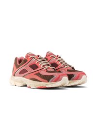 Pair of brown and coral pink athletic sneakers with beige soles, mesh and leather details, and beige laces on a white background.