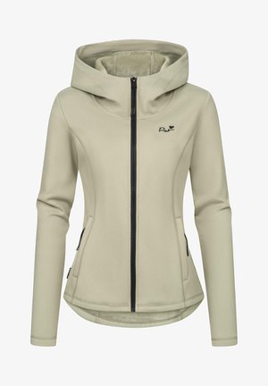 Giacca zip-up verde chiaro con design aderente, cappuccio e zip nera. Presenta due tasche laterali e un piccolo logo sul petto.