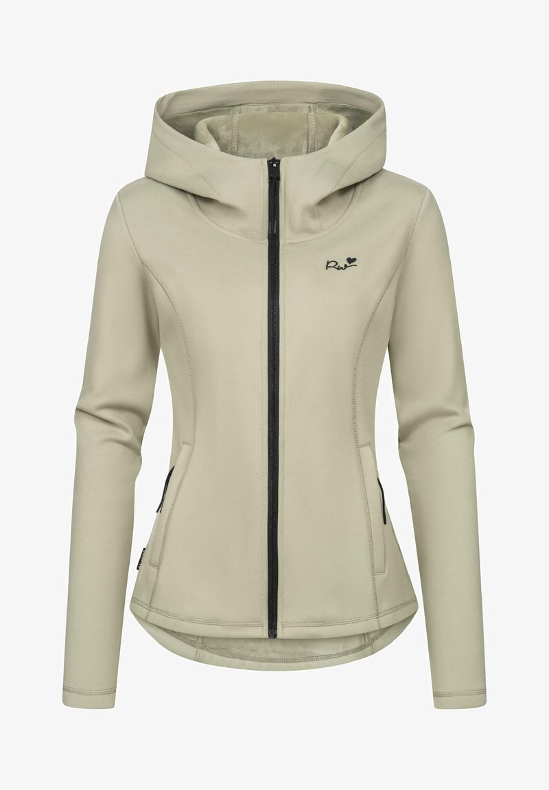 Chaqueta verde claro con cremallera, de diseño ajustado, capucha y cremallera negra. Cuenta con dos bolsillos laterales y un pequeño logo en el pecho.