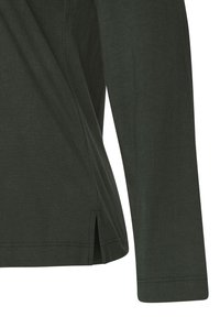 Dark green long-sleeve shirt featuring a straight hem with side slits, soft texture, and simple stitching detail along the edges.