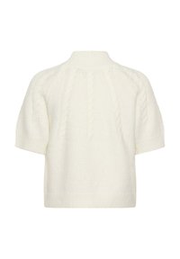 Lühikeste varrukatega, kõrge kaelusega pullover heleses tooni. Omab tekstuuriga kudumist, millel on koonusmustreid ning soonikkoes mansetid ja serv. Pehme, paks materjal.