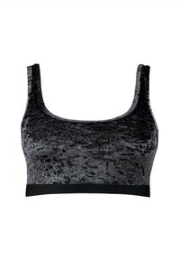 Czarny aksamitny biustonosz typu bralet z kwadratowym dekoltem, szerokimi ramiączkami i elastycznym pasem na dole, o miękkiej, textured powierzchni.