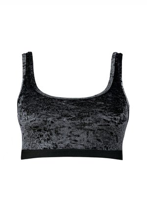 Czarny aksamitny biustonosz typu bralet z kwadratowym dekoltem, szerokimi ramiączkami i elastycznym pasem na dole, o miękkiej, textured powierzchni.