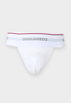 Slip blanco de hombre con una cintura ancha con marca "DSQUARED2" y una fina raya roja a lo largo del borde superior.