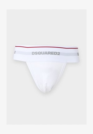 Valged meeste bokserid laia vöökohaga, millel on "DSQUARED2" bränding ja õhuke punane triip üleval ääres.