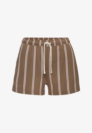 Bruine gestreepte shorts gemaakt van zachte stof. Beschikt over verticale strepen in lichtroze en een trekkoord voor een verstelbare pasvorm.