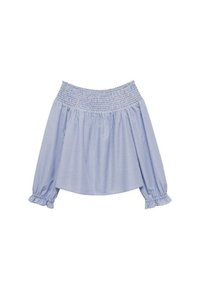 Modrý a bílý pruhovaný top s odhalenými rameny, smocked výstřihem, dlouhými rukávy a shrnutými manžetami. Hladká bavlněná tkanina, volný střih.