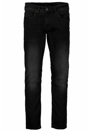 Schwarze Denim-Jeans mit schlanker Passform, ausgestattet mit einem Reißverschluss, fünf Taschen und subtilen Verwaschungen an den Oberschenkeln für Textur und Detail.