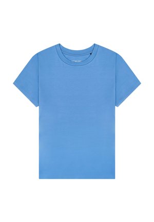 Schlichtes hellblaues T-Shirt mit kurzen Ärmeln und rundem Halsausschnitt, ohne sichtbare Logos oder Designs, auf weißem Hintergrund.