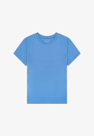 Schlichtes hellblaues T-Shirt mit kurzen Ärmeln und rundem Halsausschnitt, ohne sichtbare Logos oder Designs, auf weißem Hintergrund.