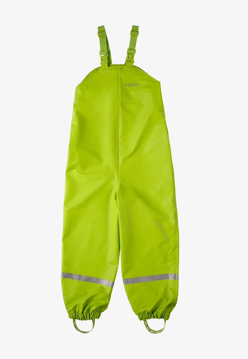 Grüne wasserdichte Latzhose mit verstellbaren Trägern, reflektierenden Streifen an den Knien und elastischen Bündchen an den Knöcheln. Robuste, glatte Textur.