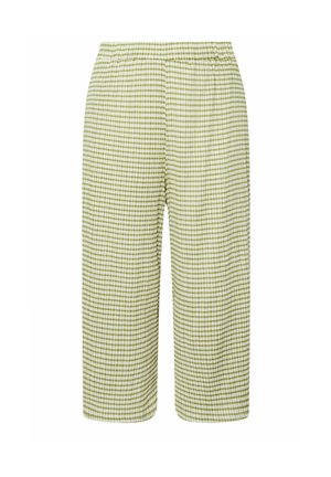 Hellgrüne und weiße karierte knielange Hose mit elastischem Bund und lockerer Passform.