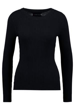 Pull noir à manches longues côtelé avec un col rond et une silhouette ajustée. La texture est lisse avec un léger étirement partout.