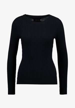 Musthave mustriba musta pikkade varrukatega sviiter ümmarguse kaelusega ja keha lähedase siluettiga. Tekstuur on sile ja selles on kerge venivus.