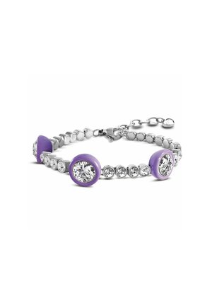 Bracciale in argento con accenti rotondi viola e strass trasparenti, che mette in mostra un mix di texture lucide e opache. Inclusa chiusura regolabile.