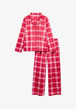 Roter karierteter Flanell-Schlafanzug bestehend aus einem langärmligen Oberteil mit Knöpfen und passenden weit geschnittenen Hosen. Weicher Stoff mit weißen und rosa Akzenten.