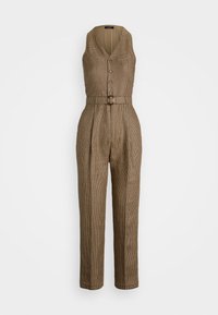 Combinaison marron à motif pied-de-poule avec décolleté en V, devant à boutons et taille ceinturée. Présente un buste ajusté et des pantalons à jambes larges.