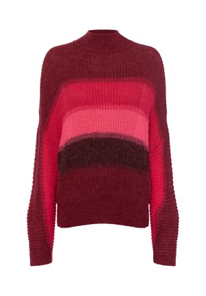 Langärmliger, gestrickter Pullover mit hoch geschnittenem Kragen in Farbverlaufsschattierungen von Rot und Pink, mit gerippter Textur und abwechselnden Farbbändern.
