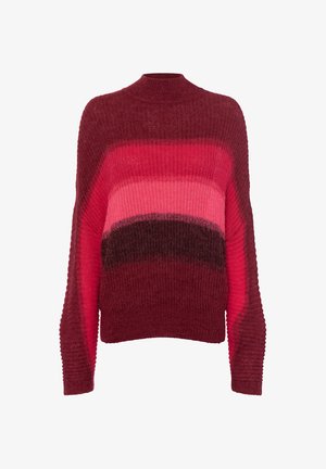 Long-sleeve knitted sweater with high neckline in gradient shades of red and pink, featuring ribbed texture and alternating color bands.