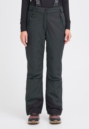 Pantalones de esquí negros hechos de un tejido duradero, con correas ajustables, bolsillos con cremallera y puños reforzados con un diseño resistente al agua.