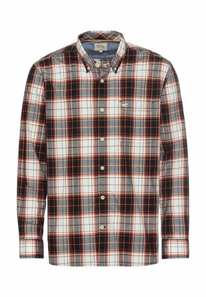 Hemd mit Knopfleiste und kariertem Muster in Schwarz, Weiß, Grau und Orange. Baumwollstoff mit klassischem Kragen und einer Brusttasche.