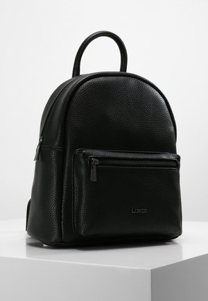 Black leather backpack featuring a rounded design, textured finish, front zip pocket, and top handle, with logo detail on the front.