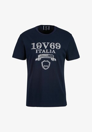T-shirt en coton bleu marine à manches courtes, arborant une impression blanche "19V69 ITALIA" et un design en forme de blason avec trois étoiles au centre.