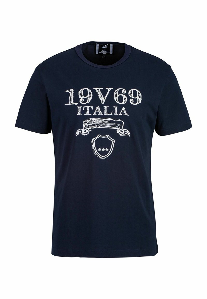 Marineblauwe katoenen t-shirt met korte mouwen, voorzien van witte opdruk "19V69 ITALIA" en een schildontwerp met drie sterren in het midden.