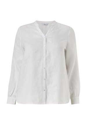 Witte linnen overhemd met lange mouwen, een V-halskraag en subtiele textuur. Heeft zes knopen aan de voorkant.