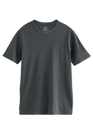 Dunkelgraues Slim Fit T-Shirt mit kurzen Ärmeln und rundem Halsausschnitt, aus geripptem Stoff, Größe Medium.