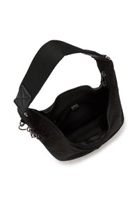 Borsa in tessuto nero a trama con chiusura superiore a zip e spallaccio regolabile nero. Interno con rivestimento nero uniforme e etichetta con logo.