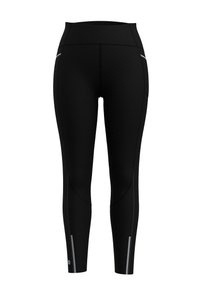 Leggings de sport noirs avec une taille haute, des poches latérales et des accents réfléchissants. Présente une texture lisse et une coupe ajustée.