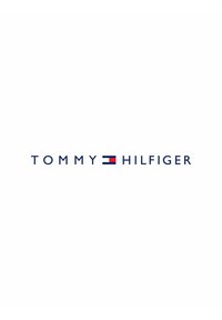 Logo di Tommy Hilfiger in testo blu navy, con un accento a bandiera rossa e bianca, presentato su uno sfondo bianco.