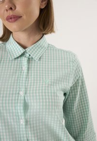 Chemise à carreaux vert menthe avec un col classique, boutons blancs et un petit logo brodé sur la poitrine gauche.