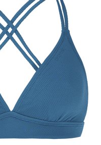 Modrý trojuholníkový bralet s textúrou a dizajnom krížových popruhov. Obsahuje bezšvový pás a tkaninu pre trvácnosť a pohodlie.