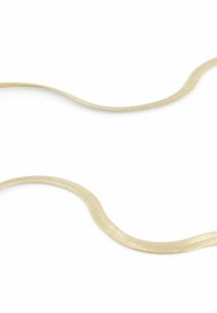 Guldtonad metallkedja med en platt, vågig form. Har en slät yta och länkar med ett subtilt, vågigt mönster genom hela designen.